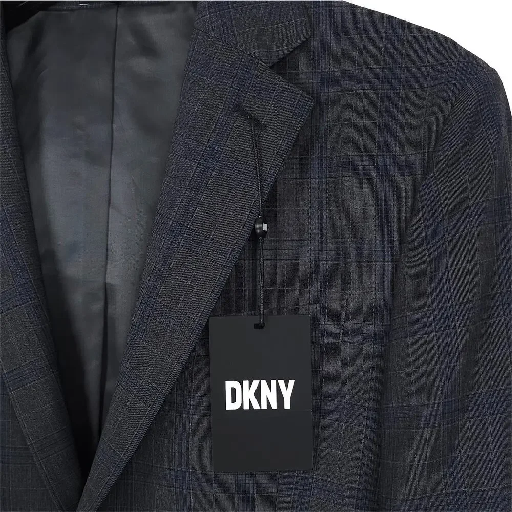 DKNY Mens Modern Fit Suit Jacket Blazer 40R Dark Grey Blue Plaid Stretch NWT